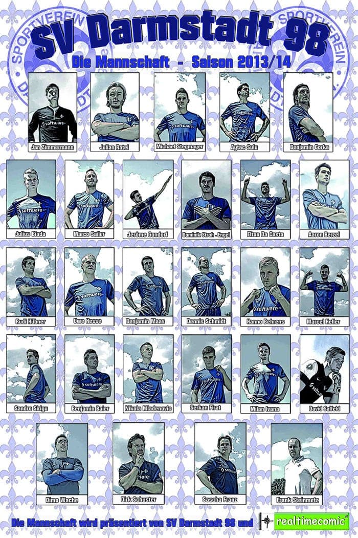 Mannschaftsposter SV Darmstadt 98, Saison 2013/14, im Comicstil